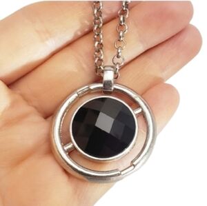Black Onyx Faceted Stone Eternity Silver Ring Pendant Long Necklace